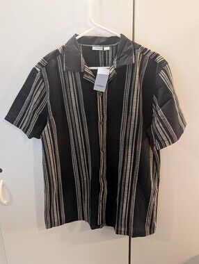Livergy Mens Medium  Black & Beige Striped Short-Sleeve Shirt NWT